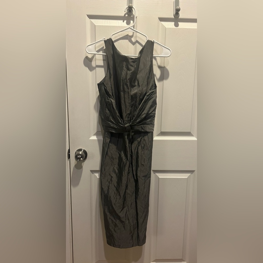 Minuet sleeveless gray taffeta dress with a twist-front bodice